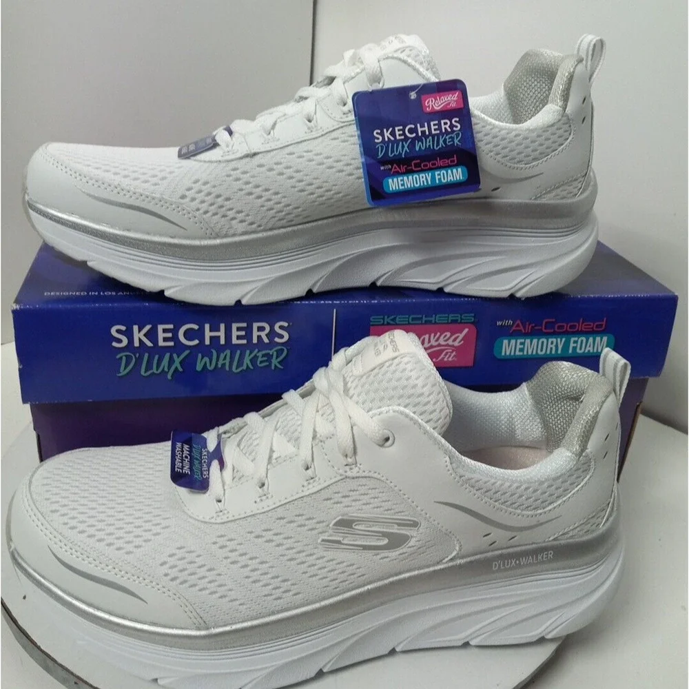 Skechers D'Lux Walker Infinite Motion White Silver Mesh Lace Shoes Womens Sz 11